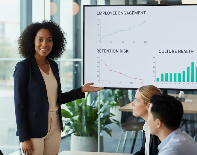 HR leader presenting workforce insights with AI-generated analytics.